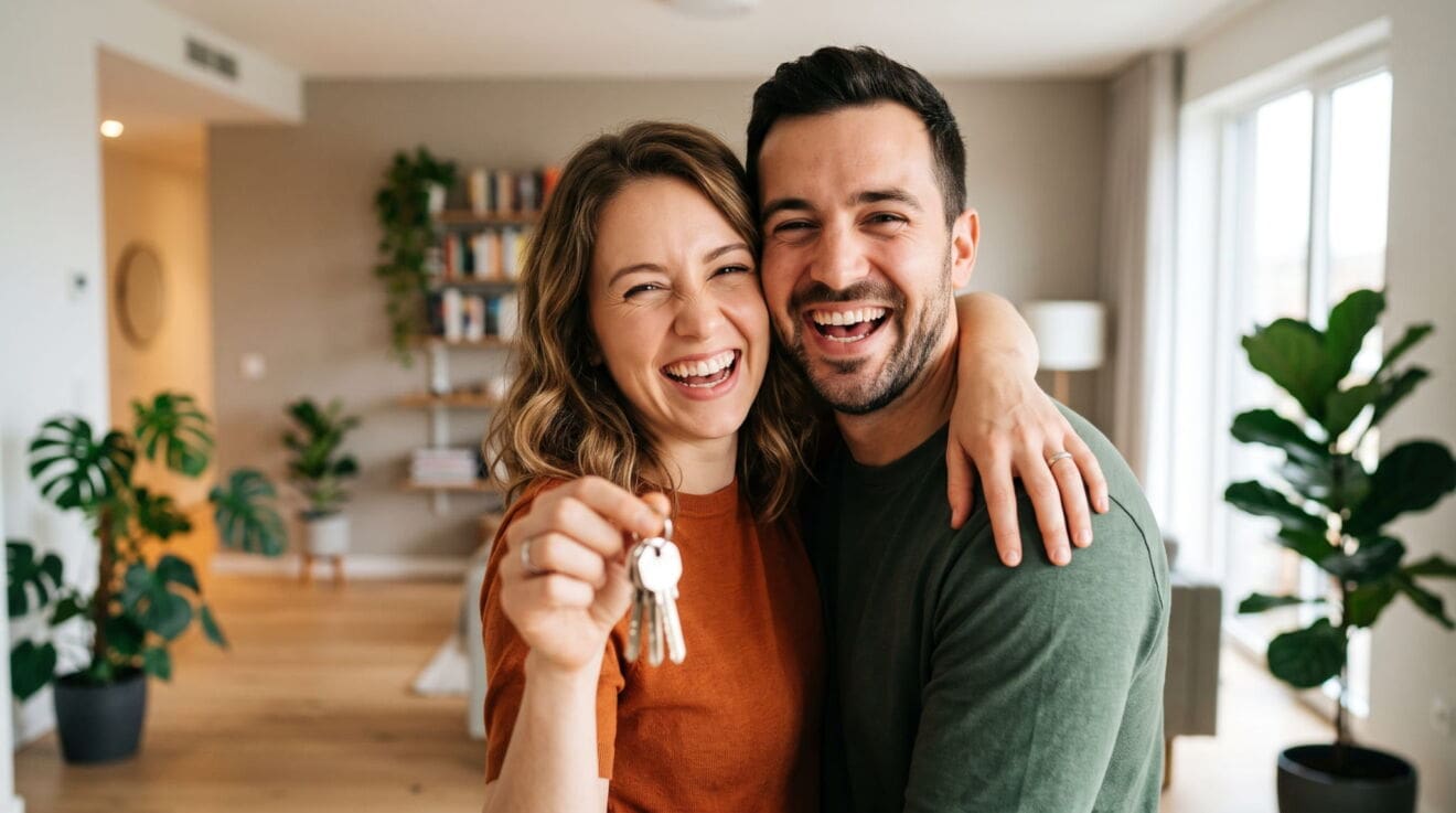Smiling couple holding house keys in a living room, illustrating the Binbrook Hamilton homebuying guide.