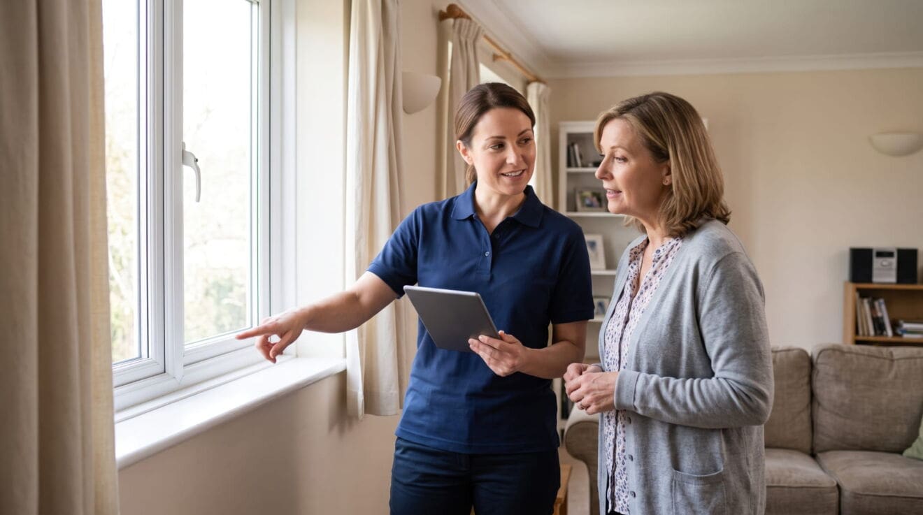 Woman holding a tablet points out window details to another woman, illustrating Binbrook Hamilton home inspection considerations.