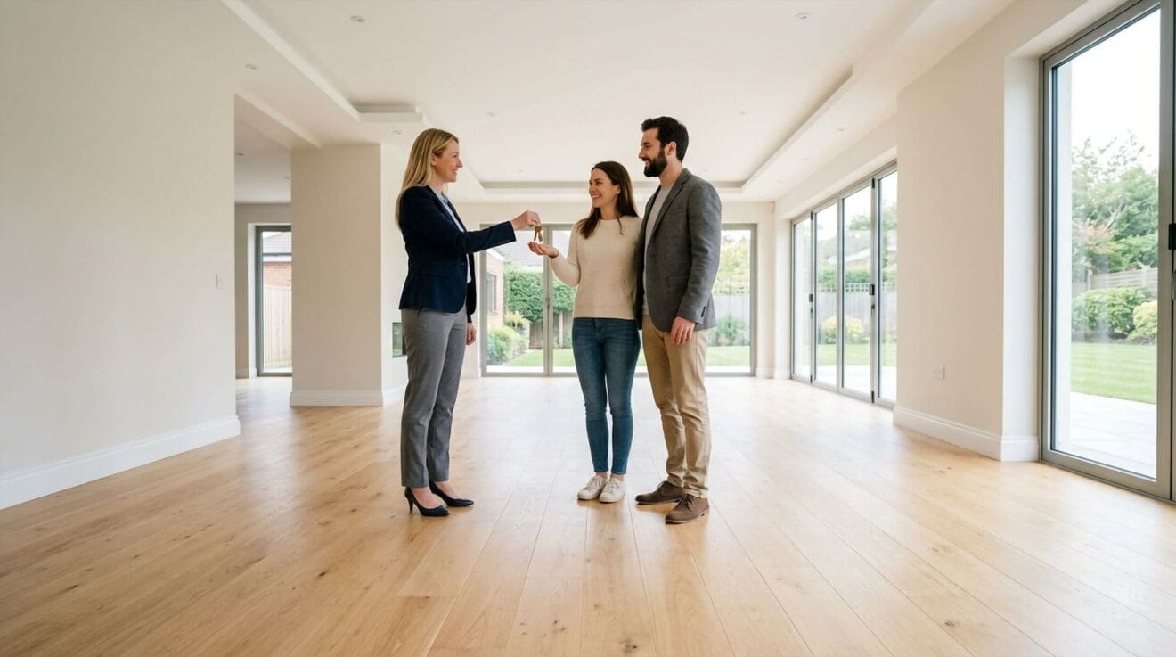 Real estate agent handing keys to a couple in an empty home, illustrating the Binbrook Hamilton buying process.
