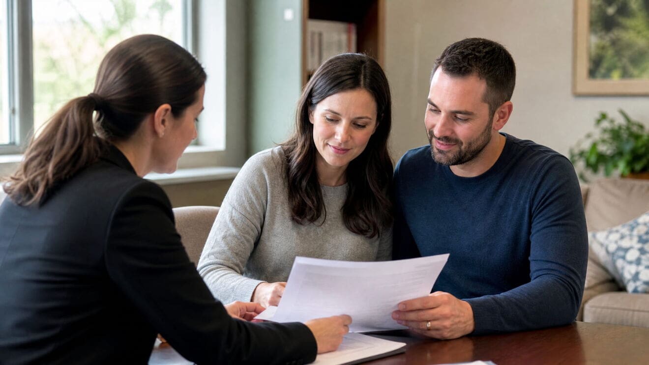 Couple reviewing paperwork with an adviser, illustrating homebuying preparation before moving to Hamilton.
